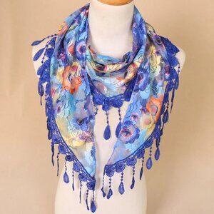 2/$30 Blue Floral Lace Fringe Scarf Shawl Wrap Sheer Lightweight Boho Vintage